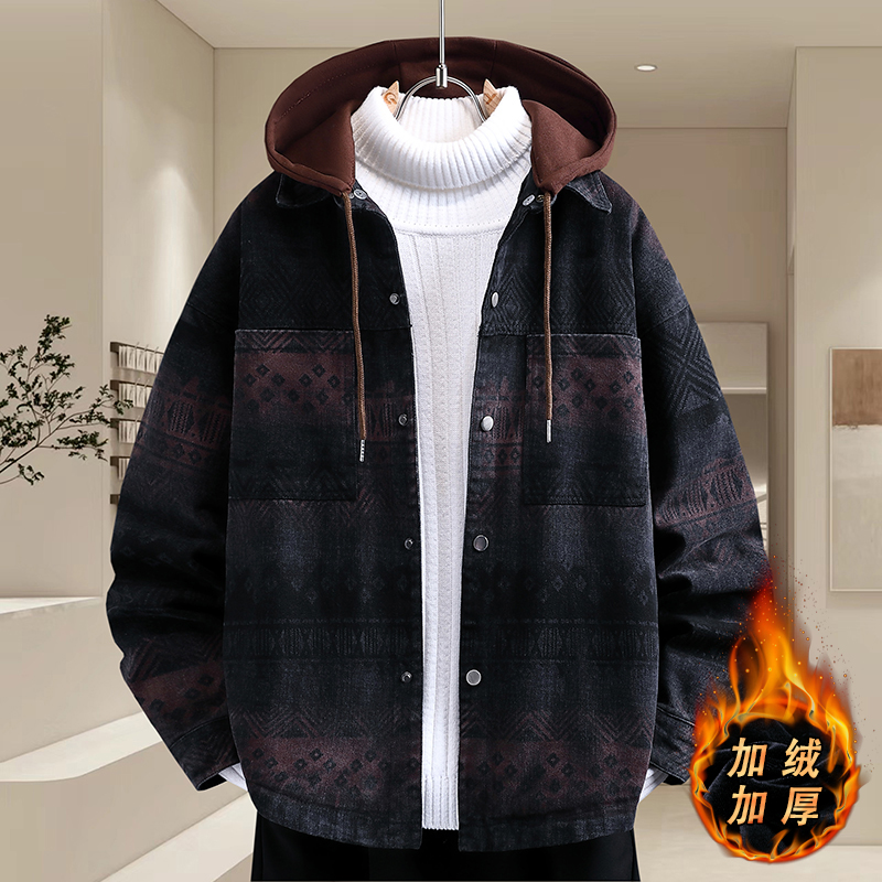 可脱卸帽牛仔外套男士秋冬季加绒加厚休闲夹克高级感痞帅潮流棉衣