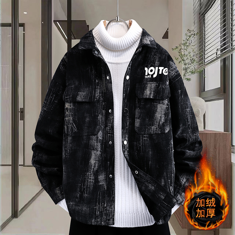 翻领牛仔夹克男加绒加厚外套秋冬季2024新款时尚帅气休闲男装褂子