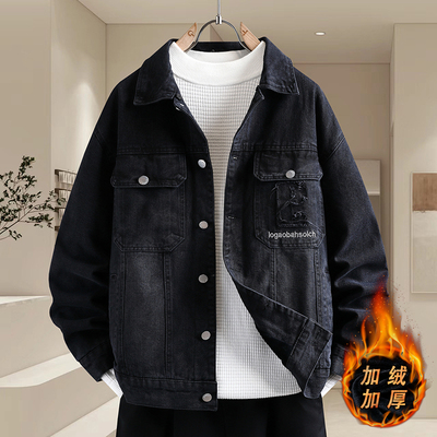 复古刺绣牛仔夹克男青少年秋冬季2025新款高级感痞帅加绒加厚外套