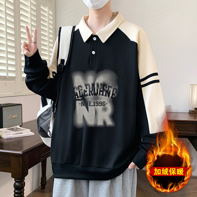 加绒加厚带领卫衣12-15岁男孩秋冬季长袖POLO衫16青少年休闲上衣