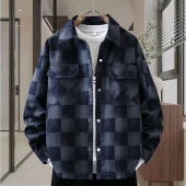 春秋款 时尚 衬衫 日系潮牌长袖 休闲宽松翻领夹克 格子牛仔外套男秋季