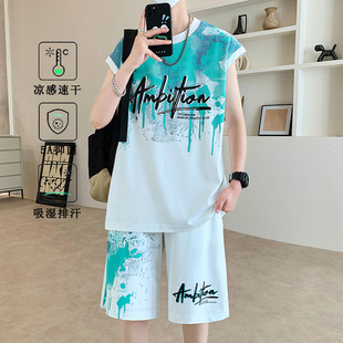 夏季 运动套装 t恤男士 一整套 冰丝背心短裤 青少年男装 2025新款 无袖