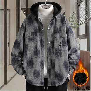 加绒加厚外套男生秋冬季 扎染水洗牛仔夹克高级感痞帅休闲宽松棉服