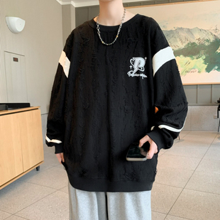 设计感破洞卫衣男春秋季复古潮牌长袖t恤初中高中学生宽松打底衫