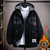 冬季 连帽牛仔外套男青少年初中高中学生加绒加厚宽松休闲夹克 新款