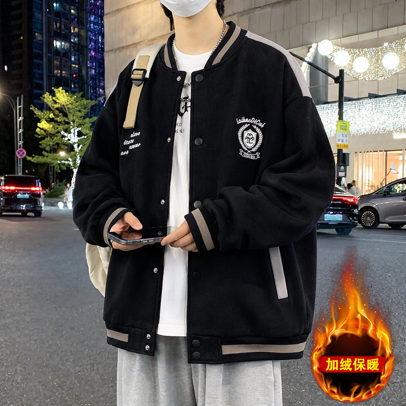 时尚刺绣青少年外套男秋冬季初中学生棒球服男孩大童加绒加厚夹克