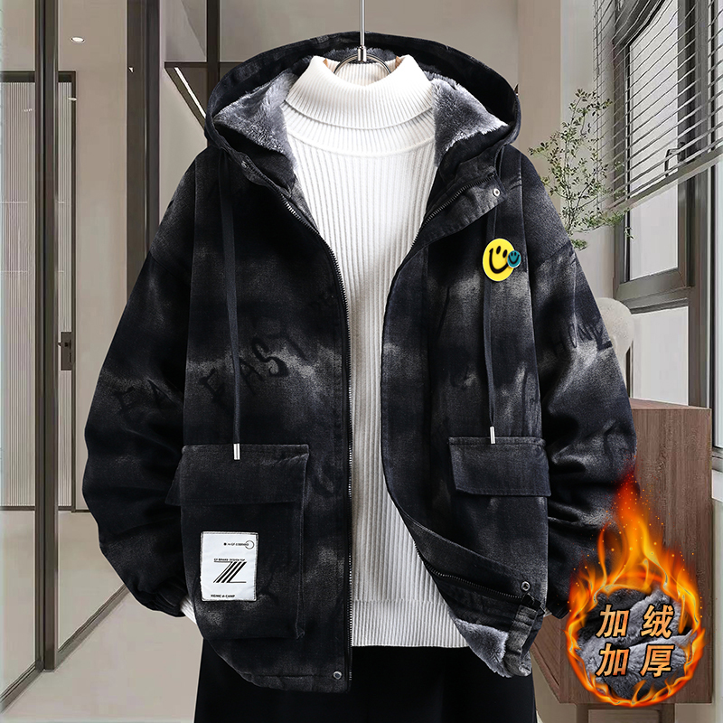 秋冬季加绒加厚外套男青少年牛仔夹克初高中学生潮流宽松休闲棉服