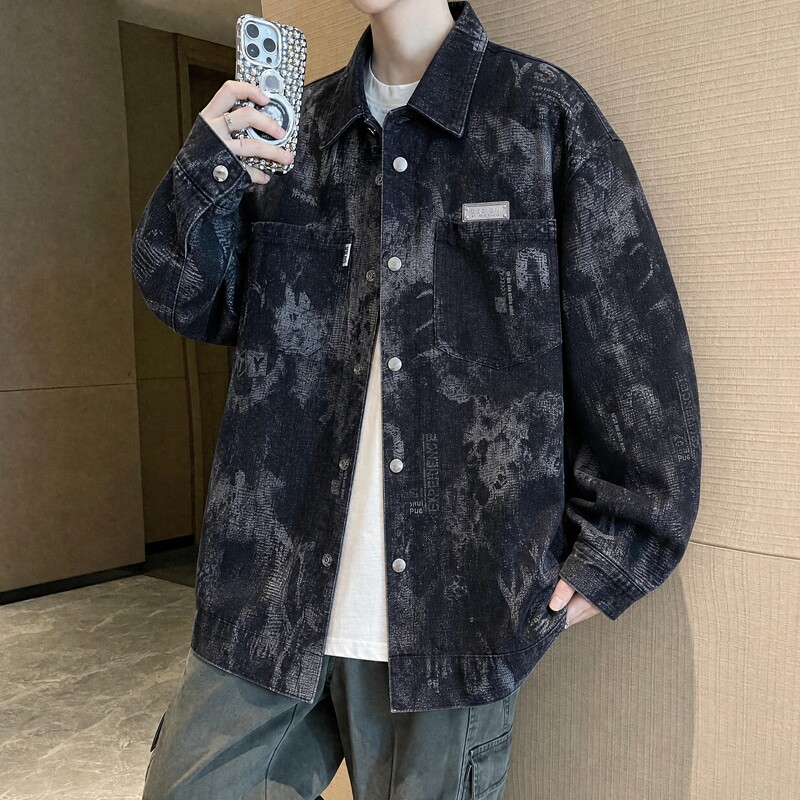 水洗做旧牛仔衣外套春秋季青少年男装长袖衬衫高级感痞帅宽松夹克