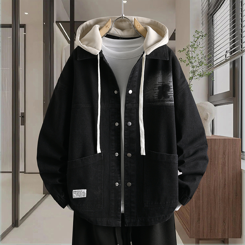 时尚连帽牛仔外套男春秋季初高中学生潮流夹克青少年大童男装褂子