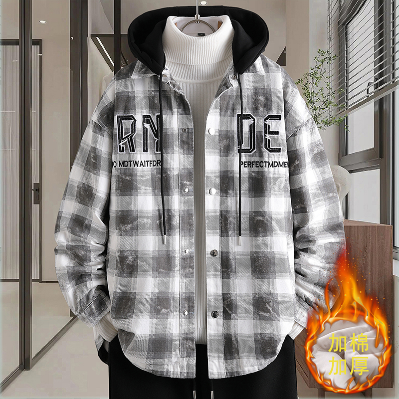 二棉牛仔外套男秋冬季加厚保暖夹克初中高中学生宽松连帽格子棉衣