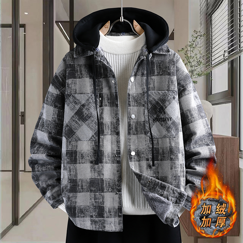 青少年加绒加厚牛仔外套男生秋冬季2025新款时尚潮牌宽松格子夹克