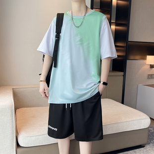 夏季 潮帅气时髦冰丝短袖 t恤青少年大童短裤 篮球服初中生男孩套装