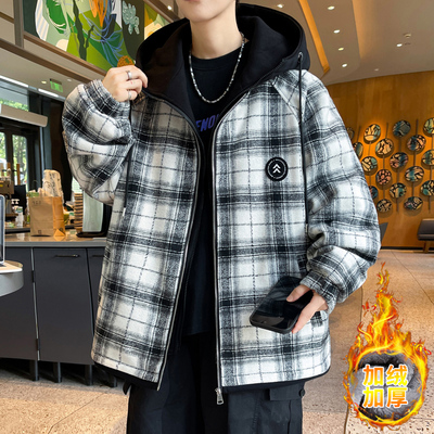 加绒加厚假两件格子外套男青少年秋冬季宽松潮牌高中初中学生夹克