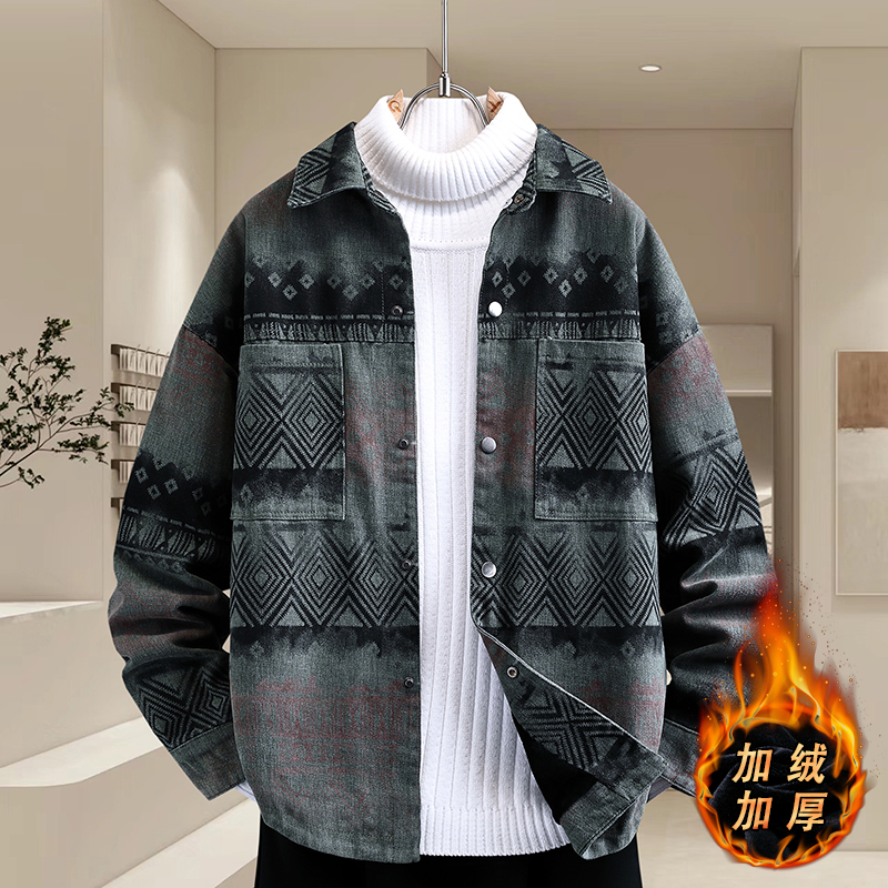 秋冬季加绒牛仔衣服男外套2025新款时尚潮流加厚夹克休闲翻领棉衣