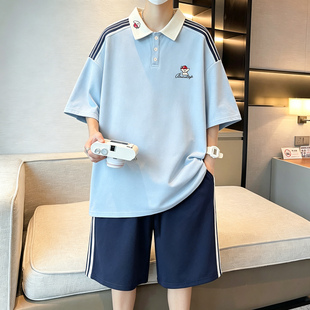 刺绣POLO衫男夏季初高中学生短袖t恤青少年男装帅气学生潮流套装