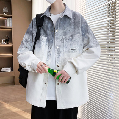 渐变色牛仔外套男春秋季时尚潮流翻领长袖衬衫高级感痞帅薄款夹克