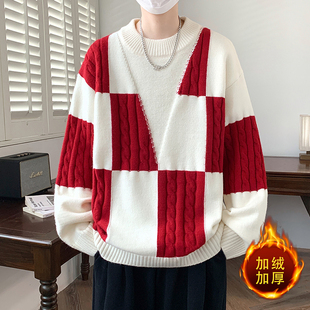 设计感一体绒毛衣男冬季高级感痞帅美式高街慵懒风加厚打底针织衫