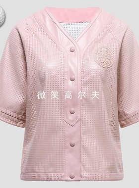 2025夏新品韩国代购GFOR*高尔夫女士V领镂空皮革运动短袖夹克外套