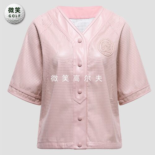 高尔夫女士V领镂空皮革短袖夹克