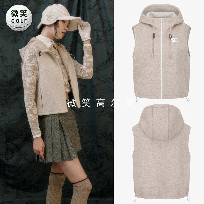 高尔夫女连帽双面穿针织毛绒马甲