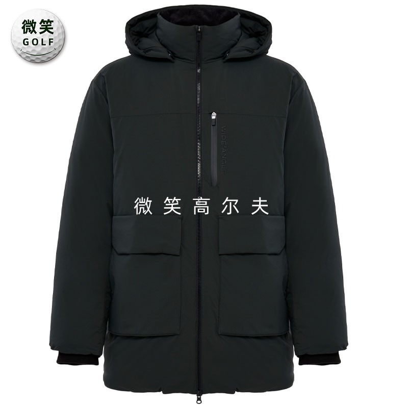 高尔夫男连帽口袋防水长款羽绒服