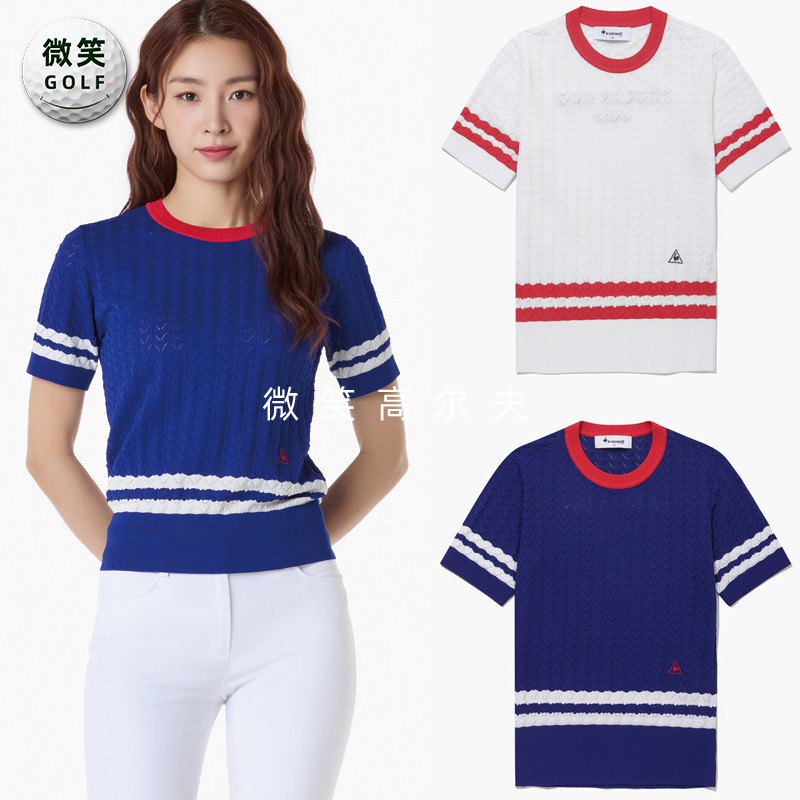 高尔夫女圆领条纹运动短袖针织衫