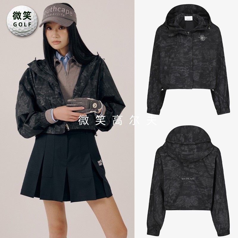 高尔夫女连帽印花短款夹克外套