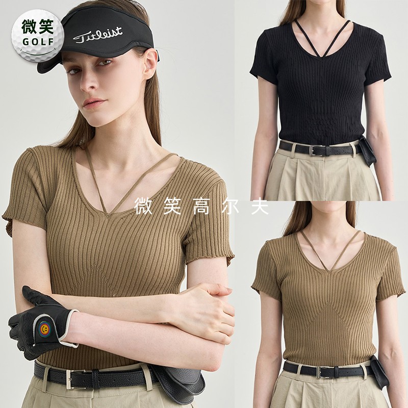 特价2026夏季新款韩国代购V领紧身显瘦高尔夫球服女士短袖针织衫