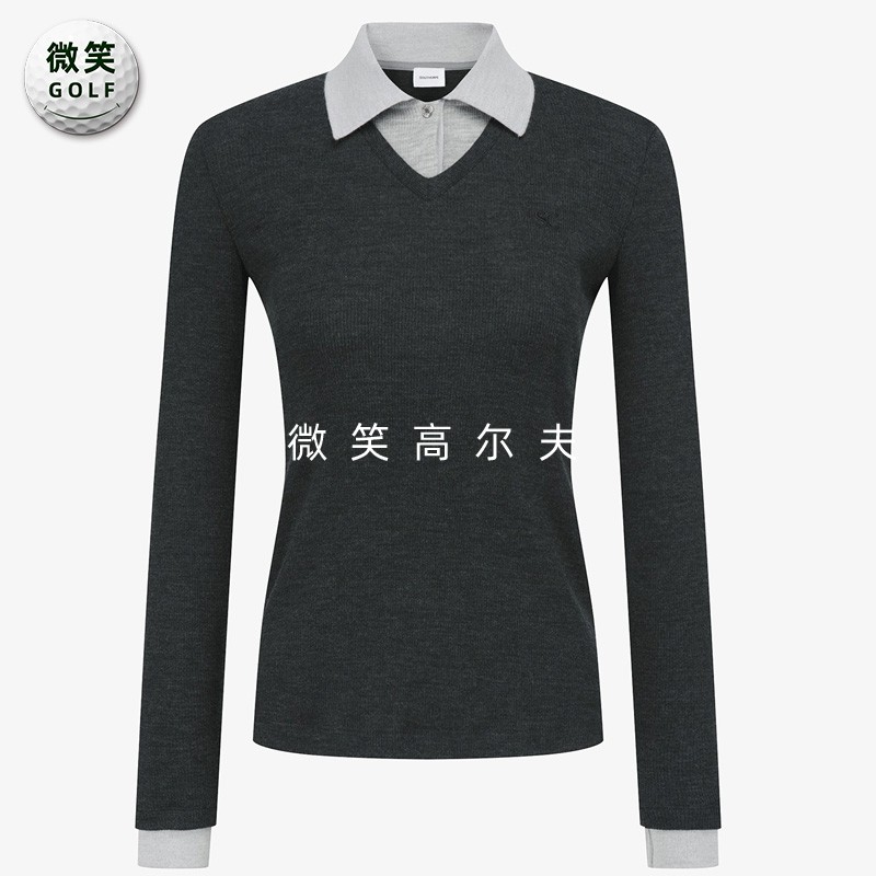 高尔夫女层叠翻领羊毛长袖T恤衫