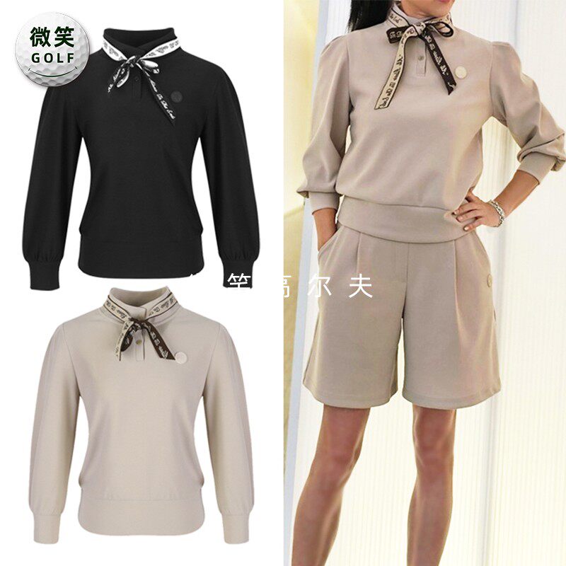 特价2025冬款韩国代购围巾点缀高尔夫球服女士半高领宽松长袖T恤