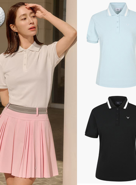 2025夏新韩国代购CALLAWA*高尔夫女翻领弹力透气运动泡泡短袖T恤