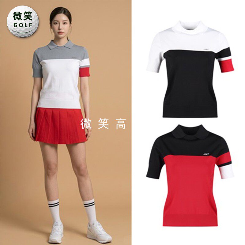 特价2026夏款韩国代购网状拼色高尔夫球服女士修身时尚短袖针织衫