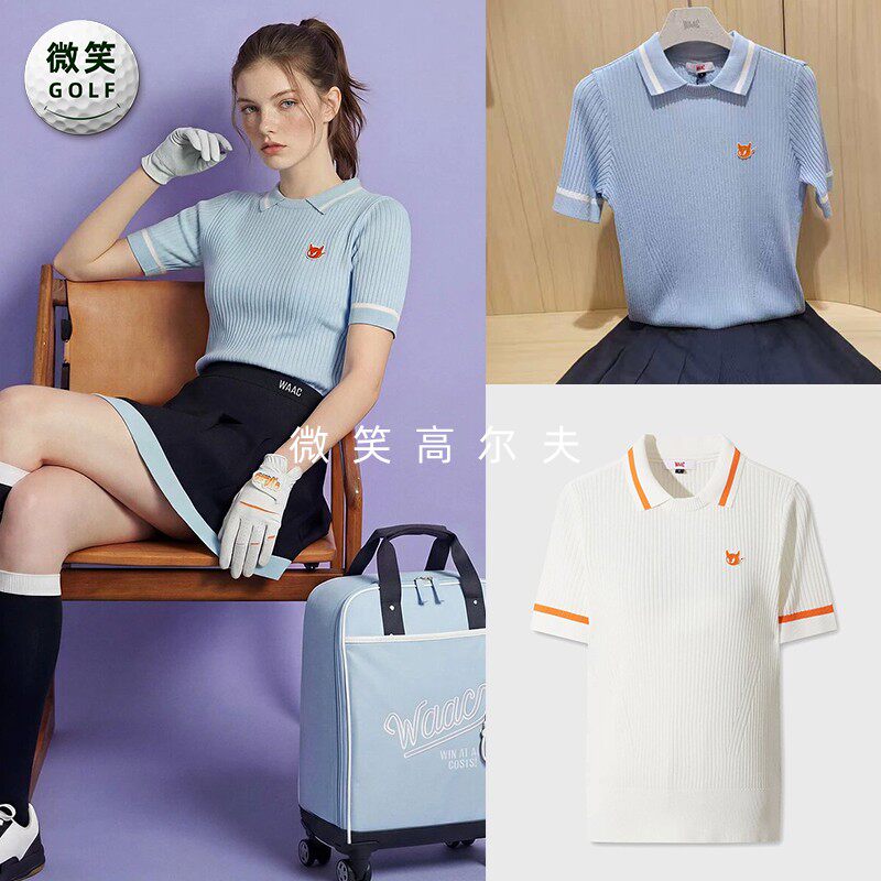 2026夏季韩国代购WAAC罗纹翻领高尔夫球服女士修身时尚短袖针织衫