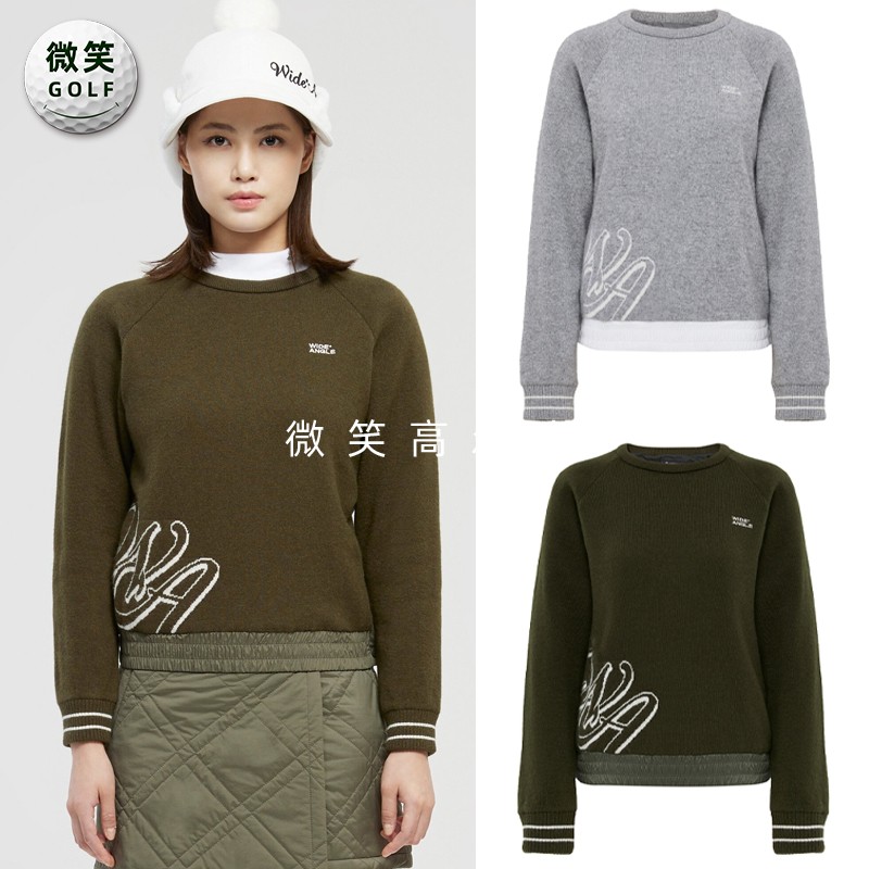 高尔夫女圆领插肩夹棉拼接针织衫