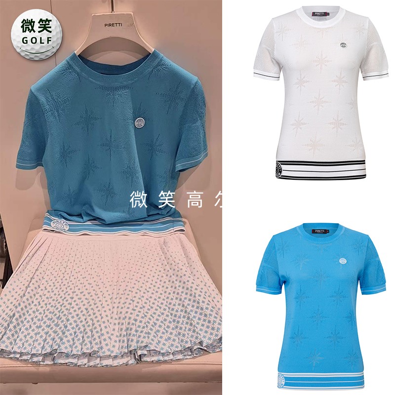 2026夏季新款韩国代购雪花图案透气高尔夫球服女士圆领短袖针织衫
