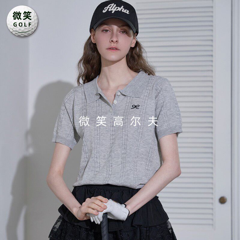 特价2026夏韩国代购蝴蝶结翻领高尔夫球服女士气质麻花短袖针织衫