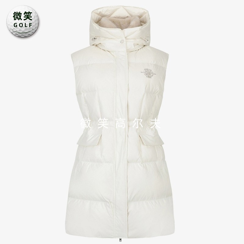高尔夫女连帽收腰长款羽绒马甲