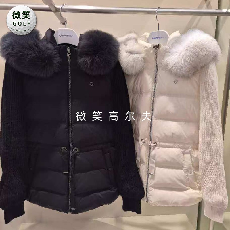 女高尔夫毛领连帽针织袖羽绒服
