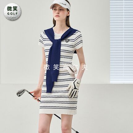 特价2026夏款韩国代购条纹修身高尔夫球服女士时尚短袖针织连衣裙
