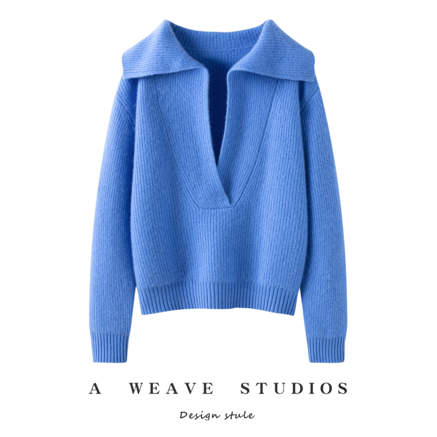 格雷系知识分子风大翻领羊毛羊绒针织套衫半开襟翻领打底宽松毛衣