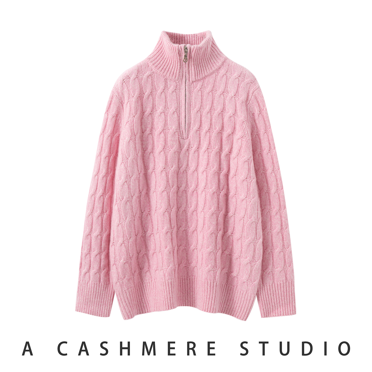 秋冬新款重工半拉链绞花高领羊绒衫女纯色简约加厚羊绒毛衣打底衫