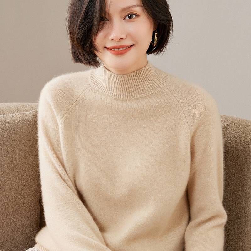 重磅加厚100%纯山羊绒衫女插肩半高领针织羊绒毛衣纯色打底衫上衣