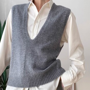 阿瑞家 全美利奴羊毛大V领宽松H廓形针织马甲背心 文艺感叠穿利器