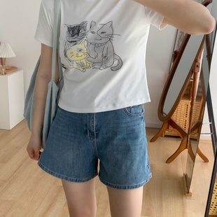 T恤 阿瑞家 小猫饭木垒 显瘦好版 型大弹力双面爽滑棉圆领正肩短款