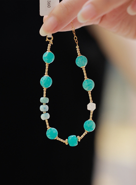 原创老矿天河石多宝天然水晶手链搭配海纹月光石美国进口14k包金