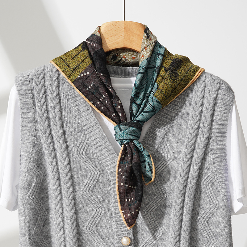 四宫格真丝羊毛丝巾小方巾桑蚕丝丝毛拼色围巾披肩时尚秋冬款