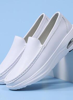 新款牛皮软厚底四季轻便气垫一脚蹬医院防滑黑白色工作医护小白鞋