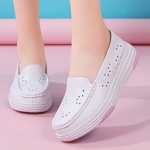 护士鞋 女软底透气不累脚牛皮平底舒适防滑透气增高春秋白色医护鞋