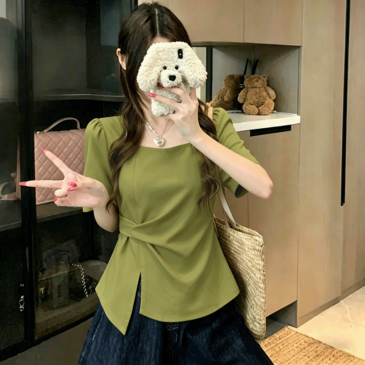 大码法式高级感方领短袖T恤女款