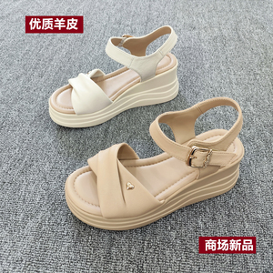 夏季真皮坡跟一字扣厚底女凉鞋